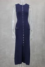 Knit Maxi Dress with Pockets Button - Front