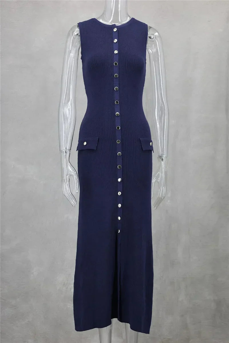 Knit Maxi Dress with Pockets Button - Front