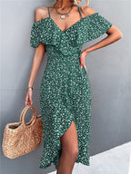 Olga Minimalist Dress Flowers and Off Shoulder Elevated Occasion Wear