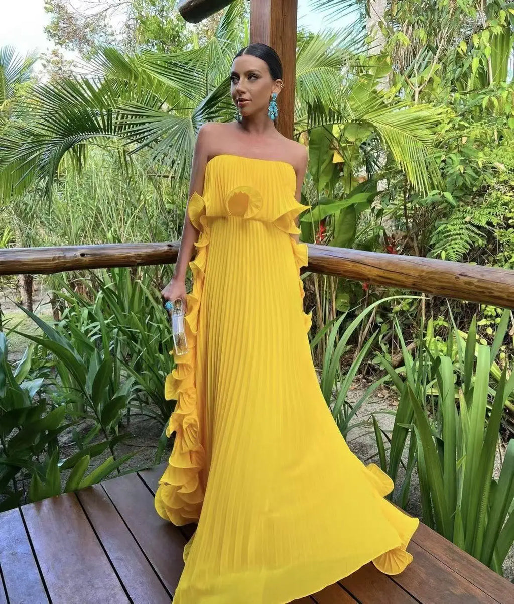 Pleated Chiffon Long Ruffled Strapless Dress