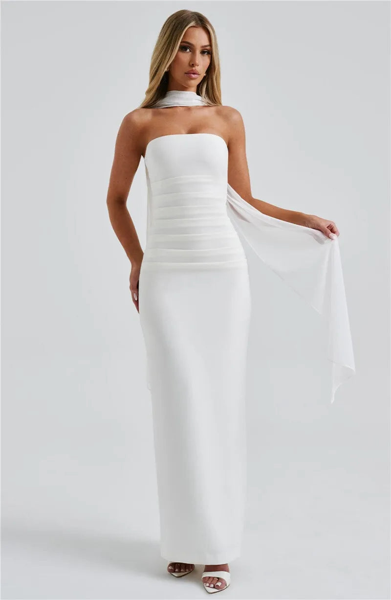 Scarf Collar Strapless Off - shoulder Long Dress