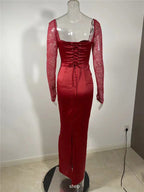 Square Collar Lace - Up Backless Long Sleeve Maxi Dress