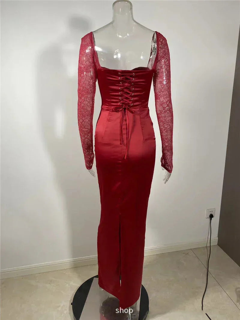 Square Collar Lace - Up Backless Long Sleeve Maxi Dress