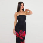 Black Tube Flower Print Back Tie Up Maxi Dress