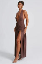 Open Back Solid Thigh High Split Long Dress