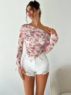 Irregular Print Slanted Sheer Top