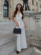 3D Flowers Polka Dot Print Backless Dress