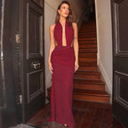 Halter Deep V Neck Lace Sleeveless Long Dress