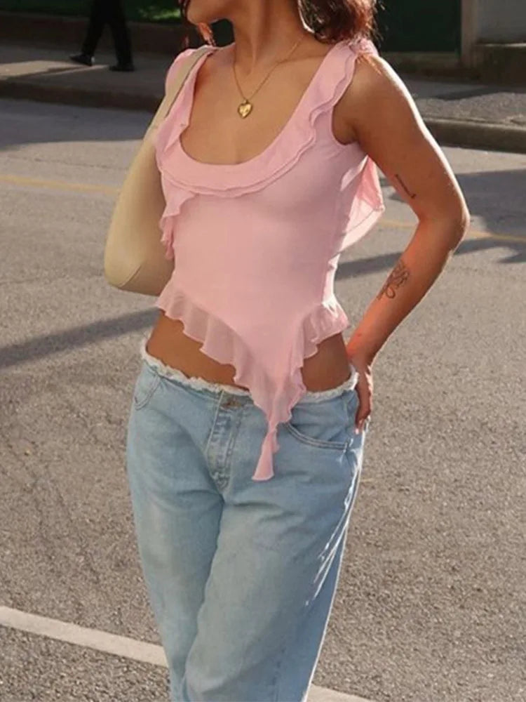 Fashion Oneck Sleeveless Mesh Sheer Top