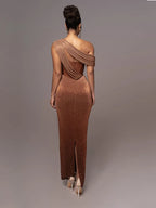 One Shoulder Draped Glitter Brown Maxi Dress