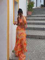 Vintage Print Cover Up Suspenders Sexy Three Piece Swim Sets