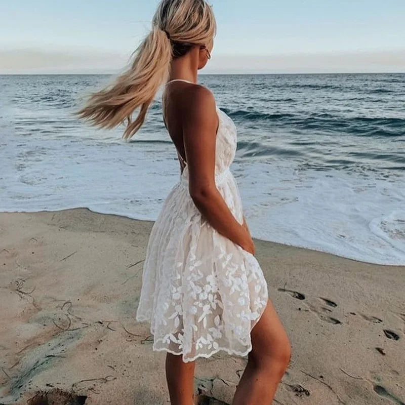 Embroidery Sling Backless White Lace Dress