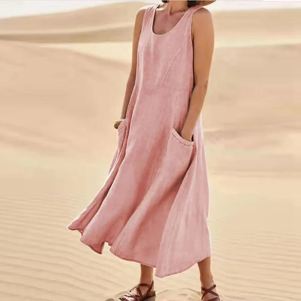 Brianna Boutique Women's Long Summer Dress in Cotton Linen with Pockets Premium Wardrobe Essential