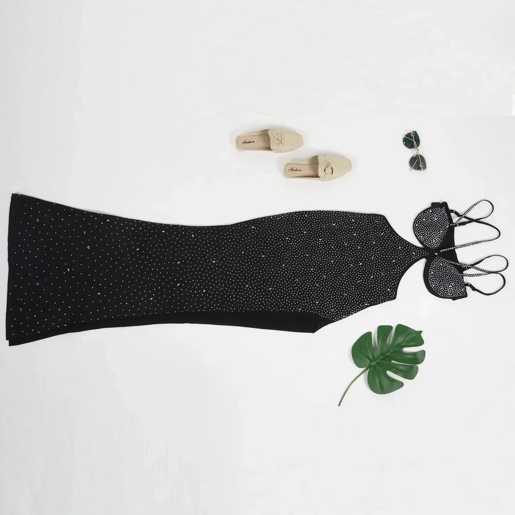 Spaghetti Strap Mesh Black Long Dress