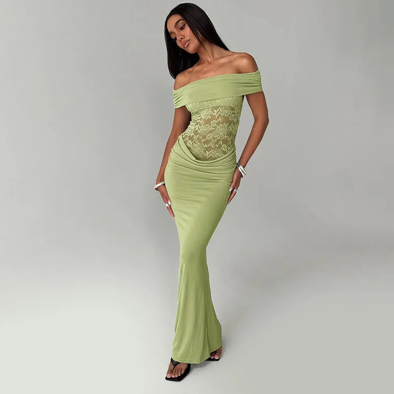 Off - shoulder Strapless Green Lace Sheer Long Dress