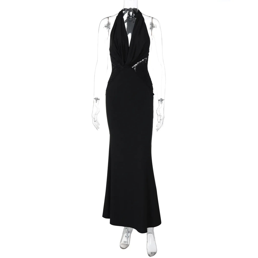 Halter Black Lace Off - shoulder Long Dress