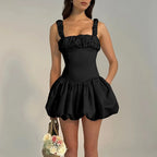 Pleated Fluffy Backless Strap Mini Summer Dress