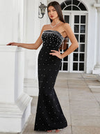 Pearl Design Bandage Strapless Long Dress