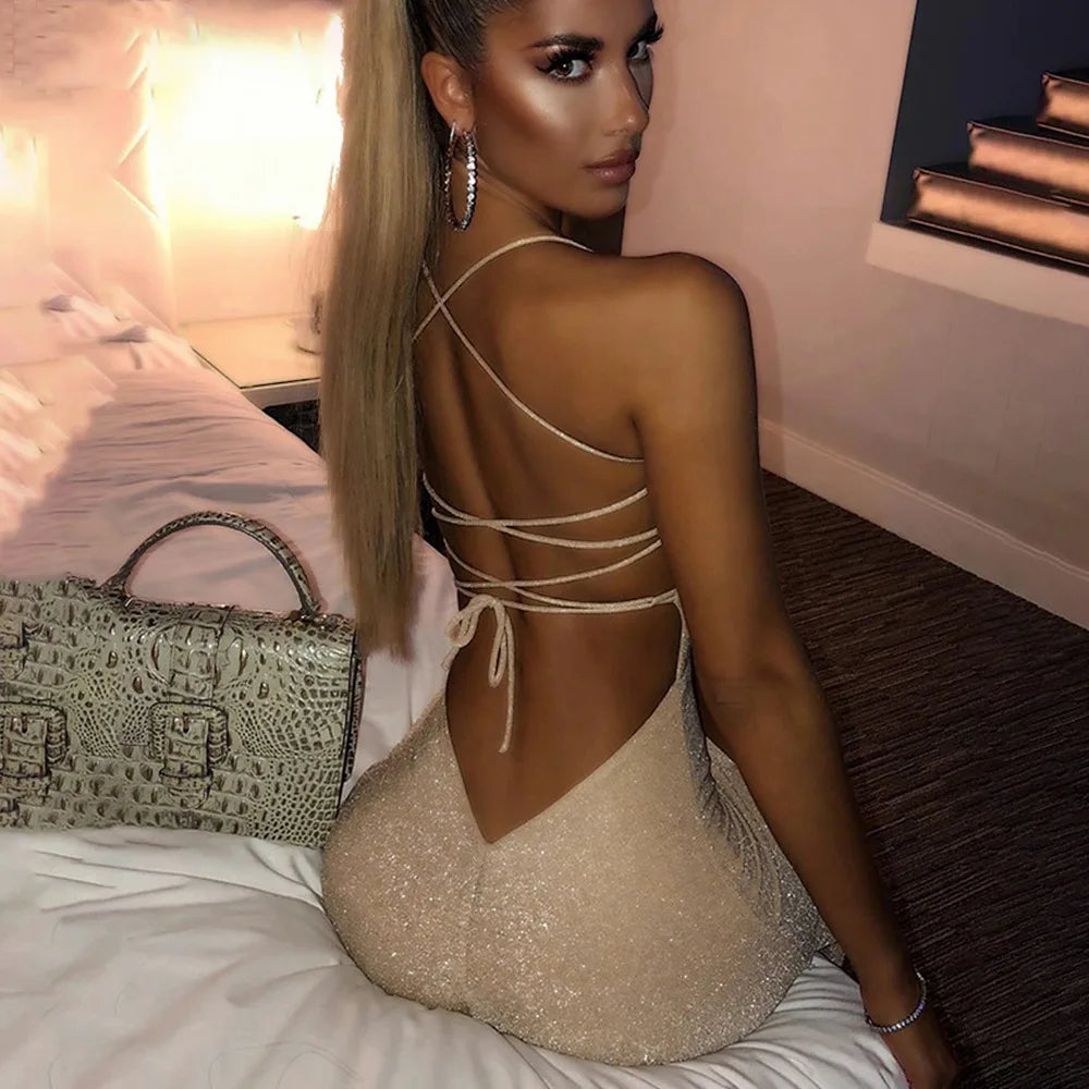 Diamond LowNeck Backless Lace Up Slip Dress