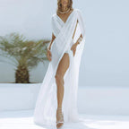 Mesh Perspective Solid Color Hollow Split Dress