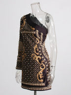 Printed Diagonal Neck Off One - Shoulder Patchwork Bead Dress