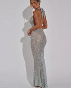 Sequins Crochet Halter Swinging Neck Long Dress