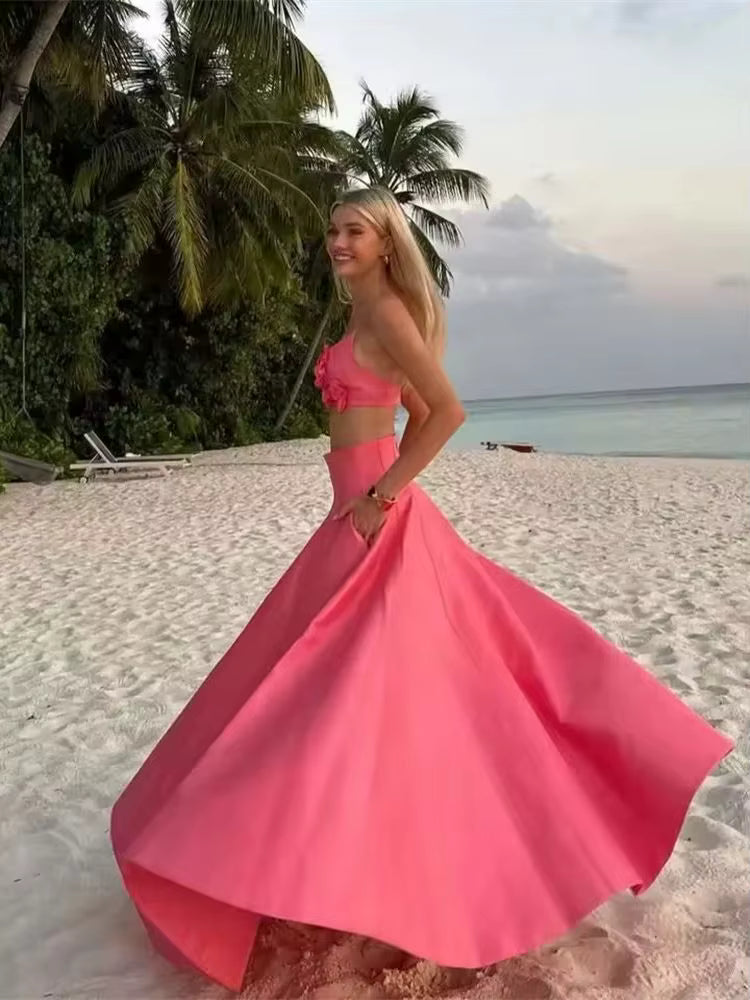 Coral Floral Two-Piece Set – Crop Top and Maxi Skirt Summer Outfit