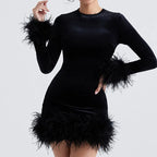Long Sleeve Slim Sequins Feather Dress
