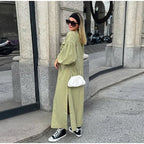 Casual Street Lace Up Long Dresses Women Chic Loose V neck Side Slit Solid Dress Female Summer Versatiel Street Party Robes