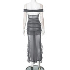 Mesh Ruffled Gray Off - shoulder Long Dress