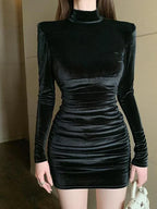 Black Pleated Half - High Neck Dress