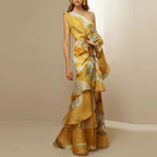 Diagonal Hollow Off Shoulder Floral Dress
