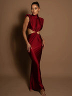 Hollow Out Turtleneck Solid Maxi Dress