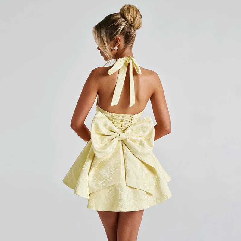 Women's Bow Deep V Halter Backless A - line Dress