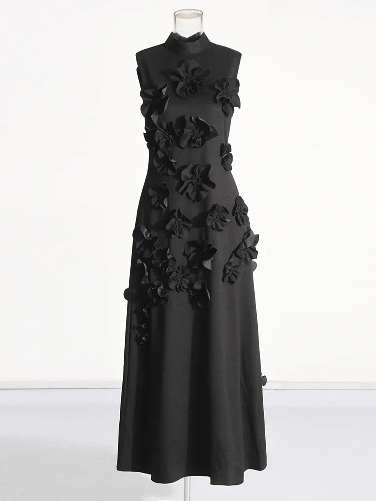 3D Flower Appliqué Mock Neck Midi Dress