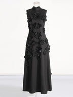 3D Flower Appliqué Mock Neck Midi Dress