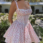 Flower Printed Open Back A - line Corset Mini Dress