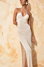 Solid Backless Halter Knit Slit Maxi Dress