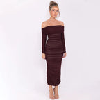 Off - shoulder Slash Neck Solid Maxi Dress