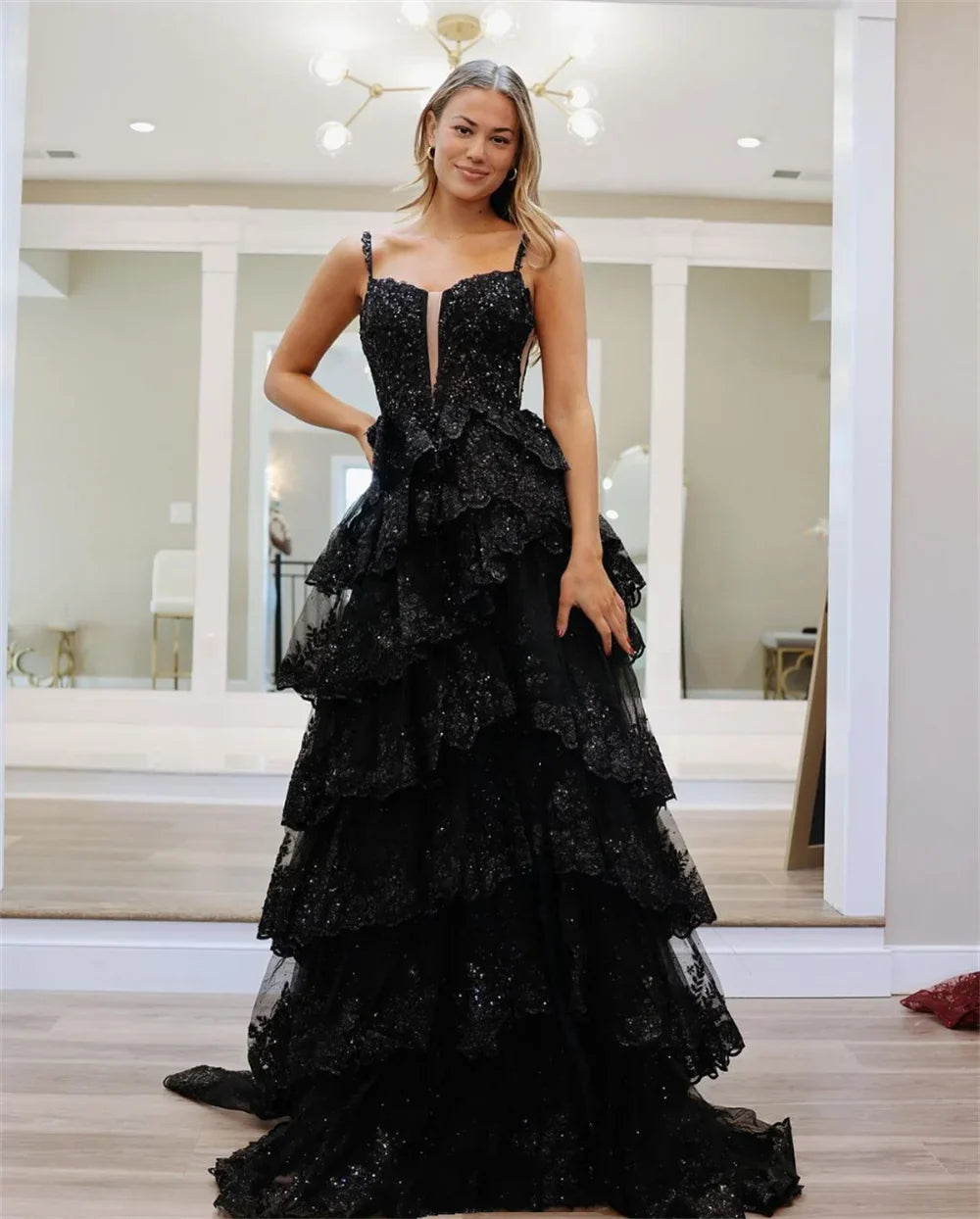 Glitter Black Layered Prom Dress