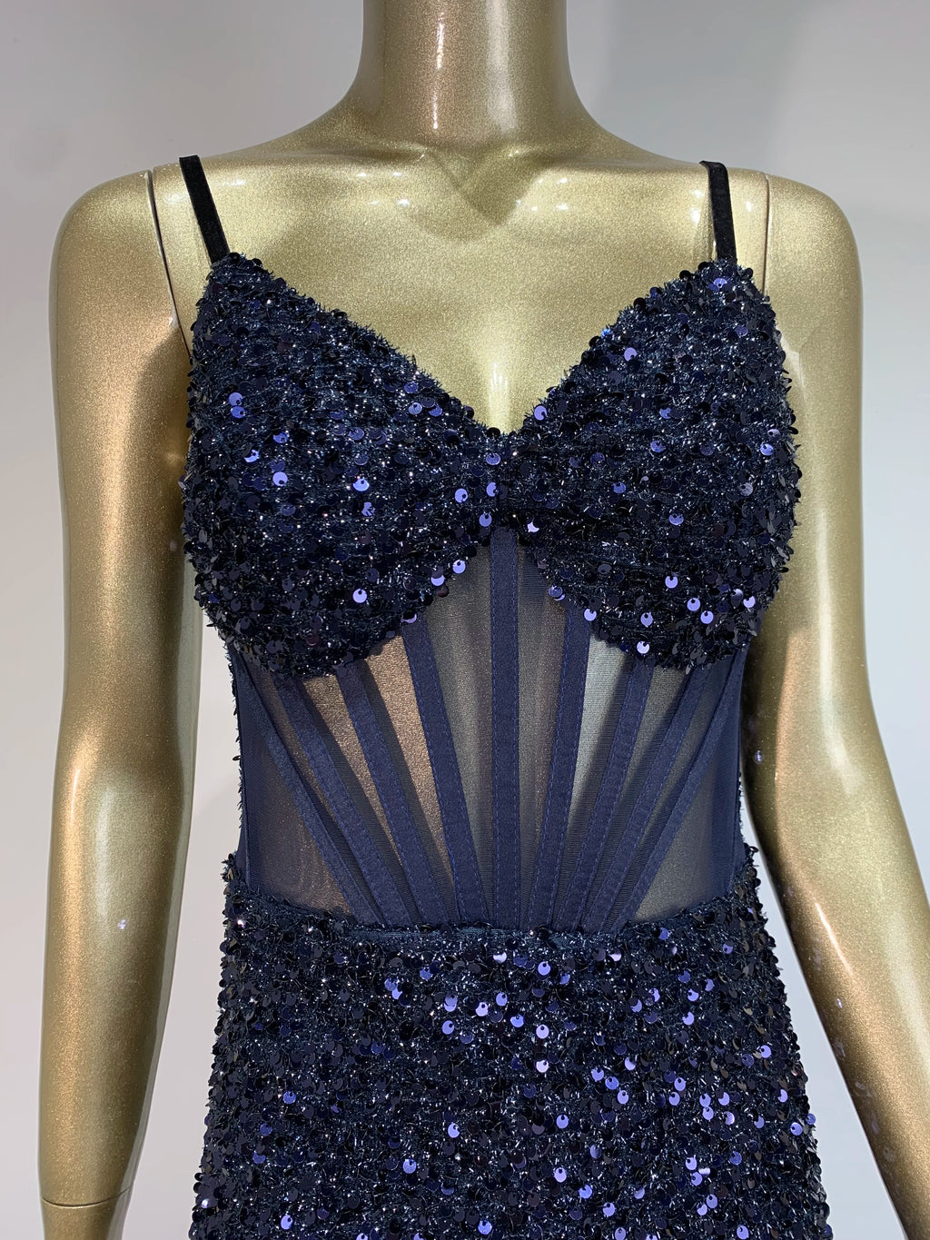 Mesh Sequins Blue Feather Long Dress