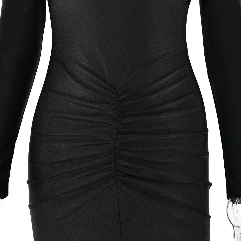 Long Sleeved Pleated Hollowed Out Maxi Dress