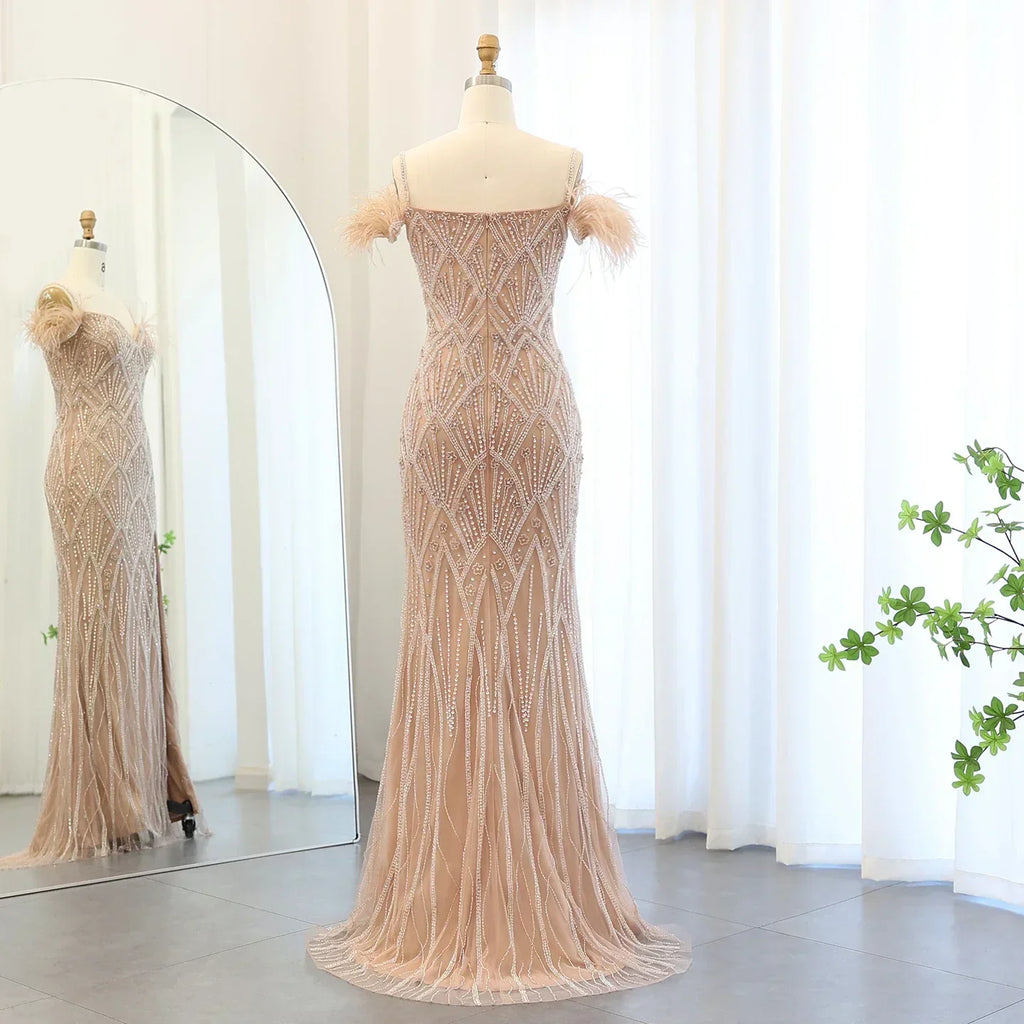 Feathers Beaded Long Prom Formal Gowns