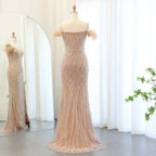 Feathers Beaded Long Prom Formal Gowns