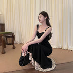 Black Ruffle Trim Fishtail Midi Dress