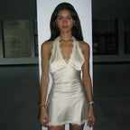 Lace Splice Halter V Neck Mini Dress