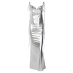 Glossy Soul Metallic Backless Maxi Dress