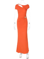 Hollow Out Metal Buckle Solid Short Sleeve Long Dress