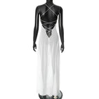 Mesh White Spaghetti Strap Hollow Out Dress