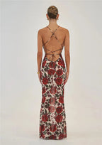 Red Floral Maxi Dress with Cowl Neck & Tie Back